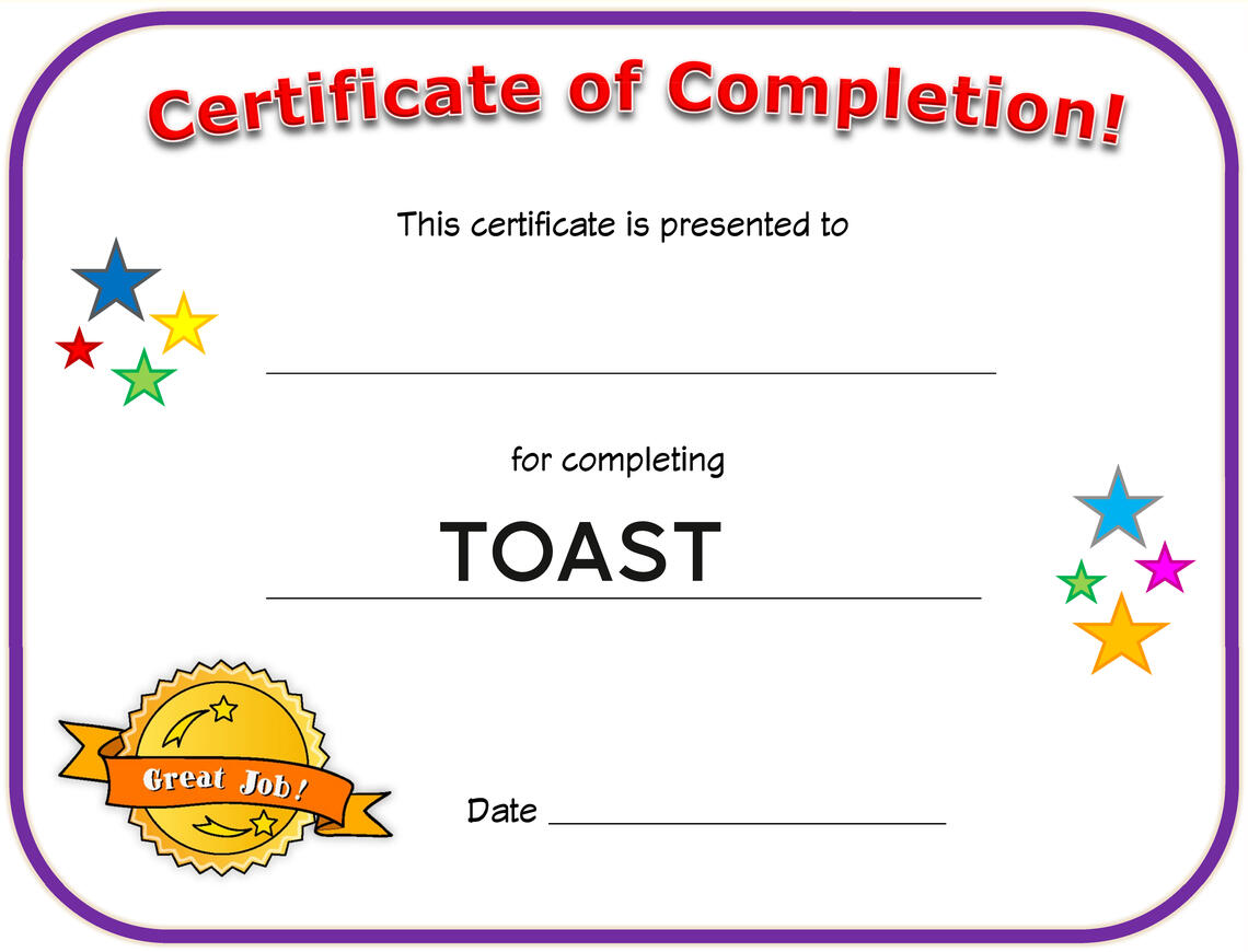 Fill out your own name on this cooking regular toast certification award.